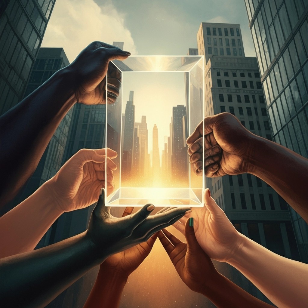 Diverse hands holding a glowing frame over a city — equitable career access
